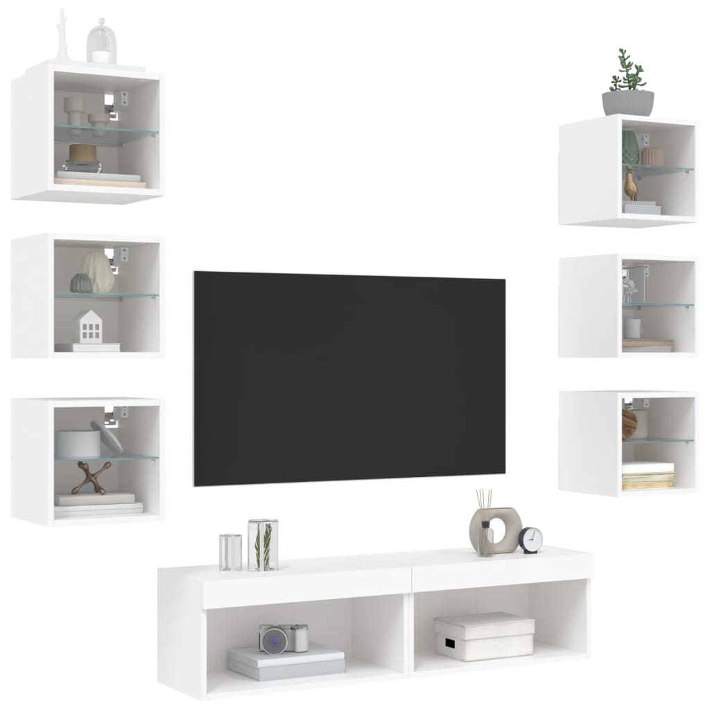 8 Piece TV Wall Units with LED White Engineered Wood