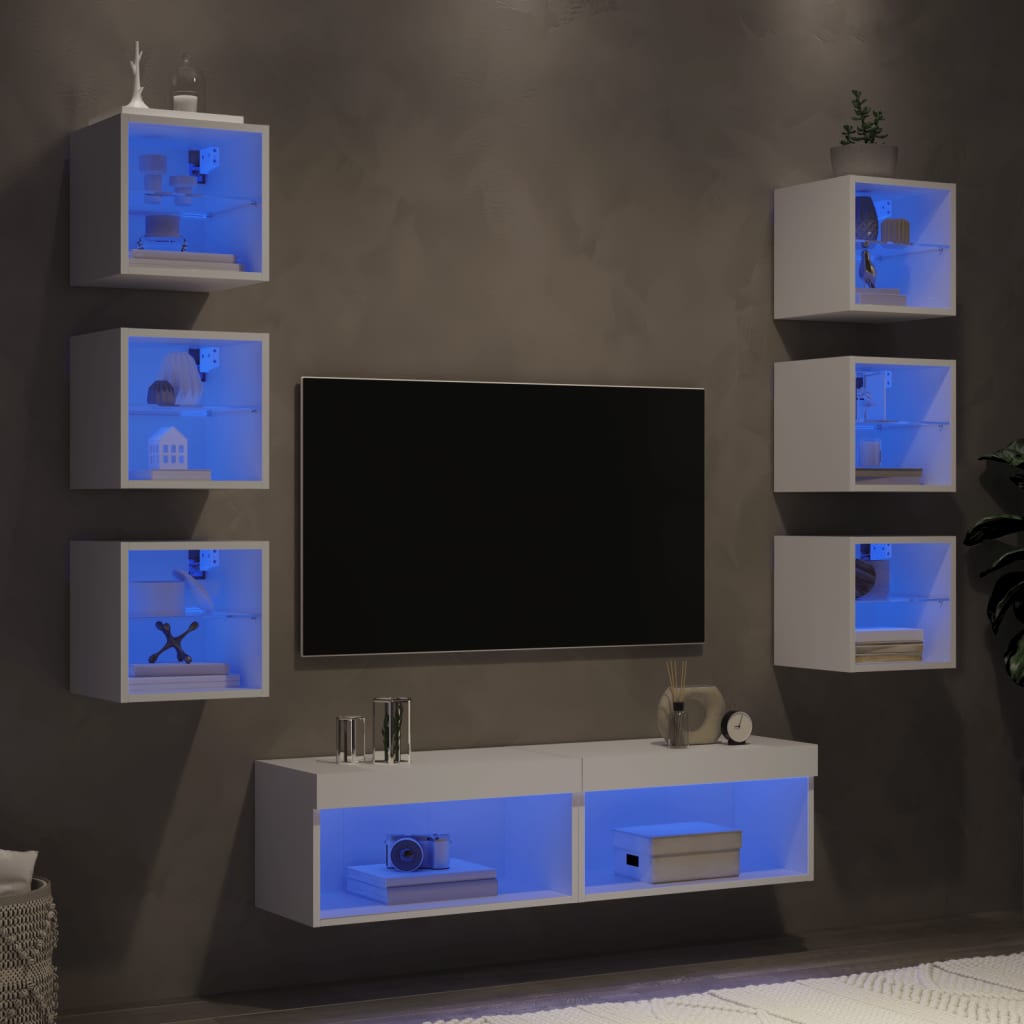 8 Piece TV Wall Units with LED White Engineered Wood