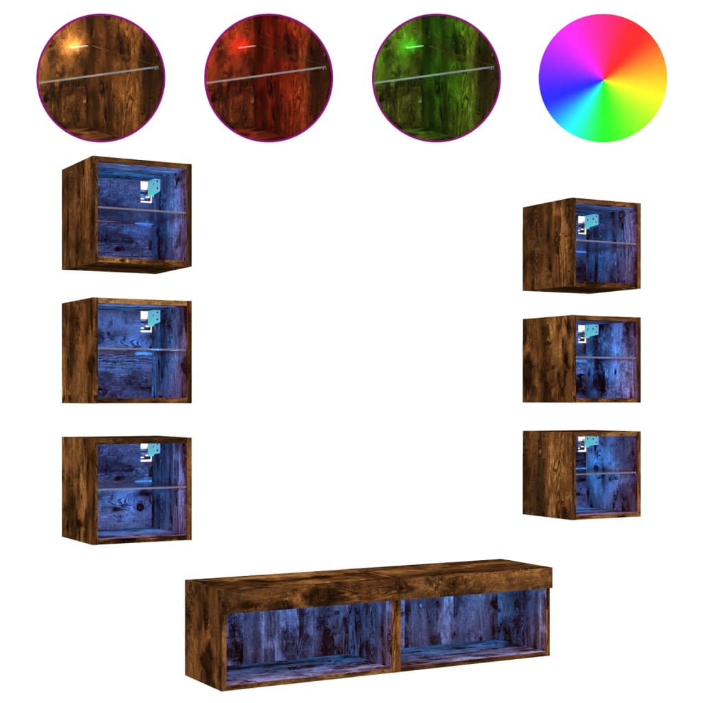 8 Piece TV Wall Units with LED Smoked Oak Engineered Wood