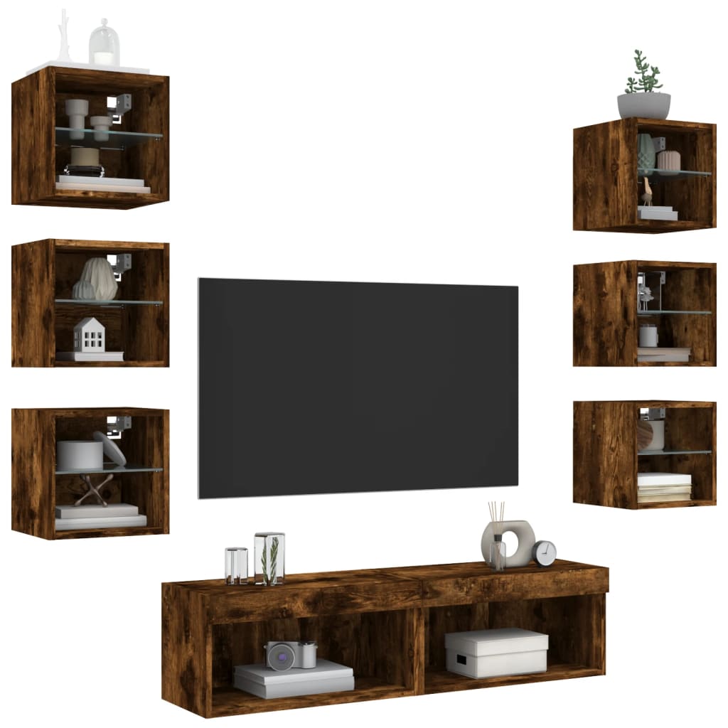 8 Piece TV Wall Units with LED Smoked Oak Engineered Wood