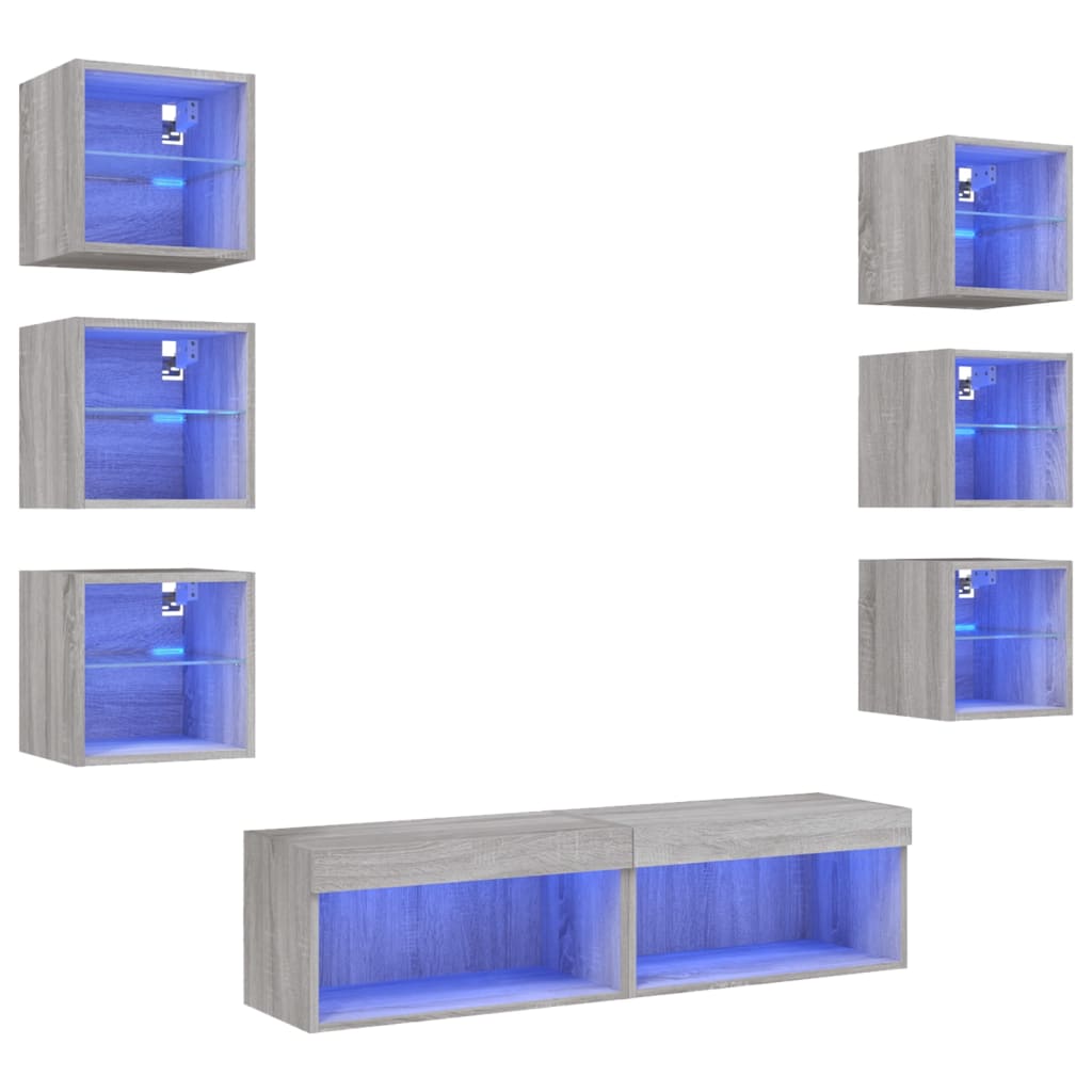 8 Piece TV Wall Units with LED Grey Sonoma Engineered Wood