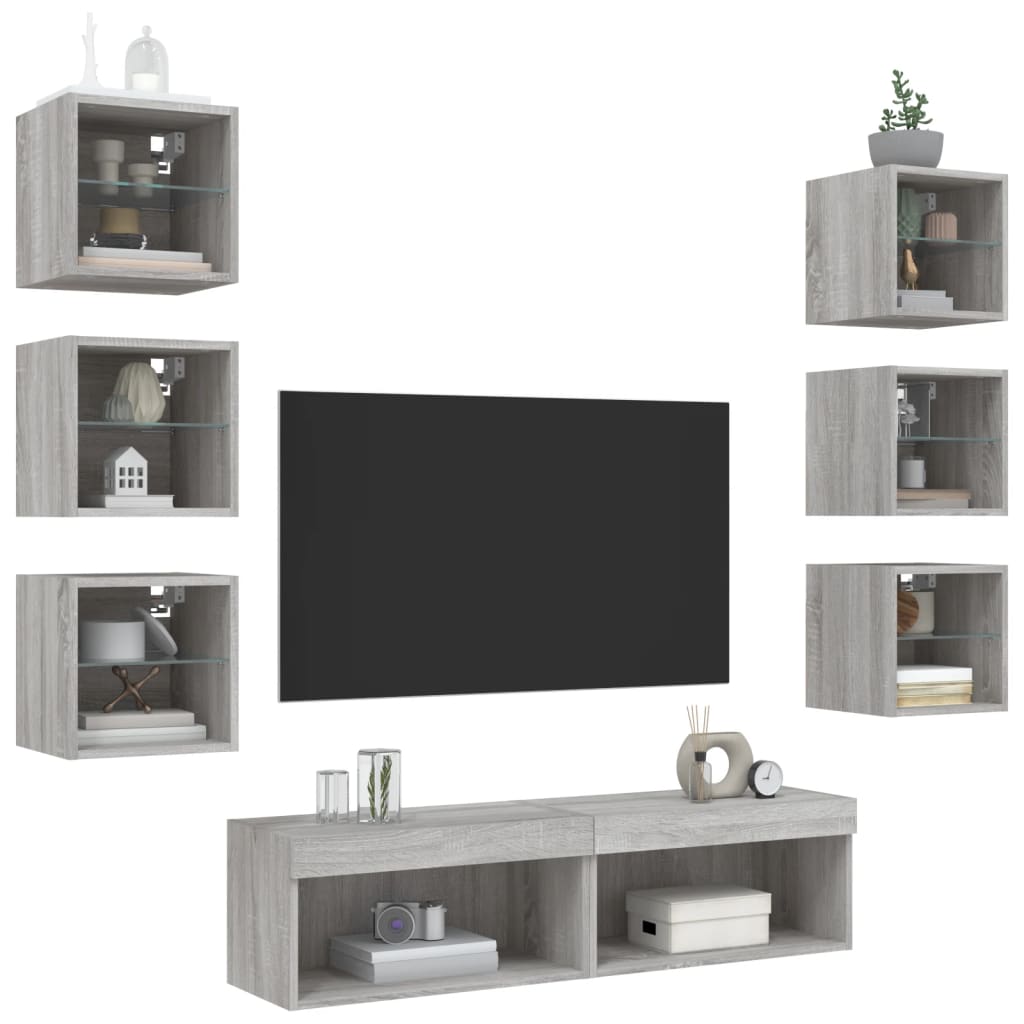 8 Piece TV Wall Units with LED Grey Sonoma Engineered Wood