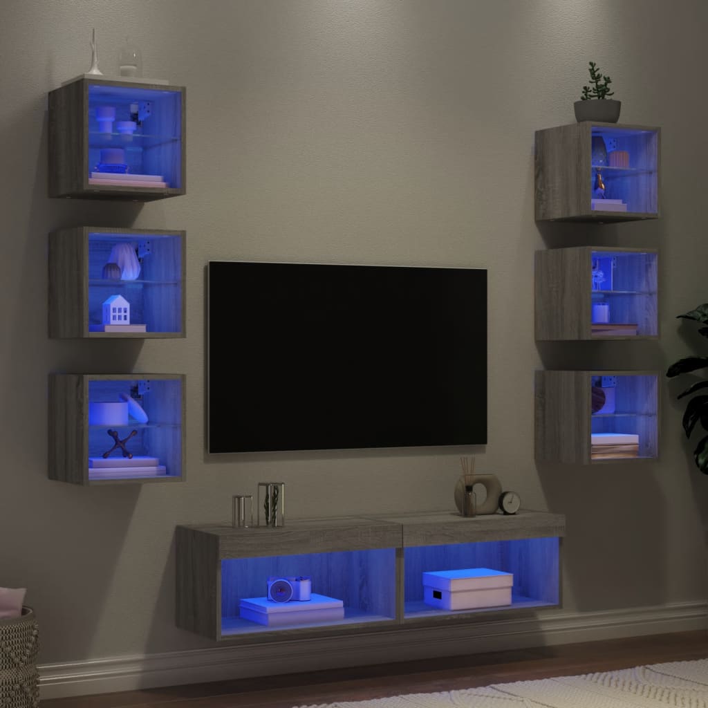 8 Piece TV Wall Units with LED Grey Sonoma Engineered Wood
