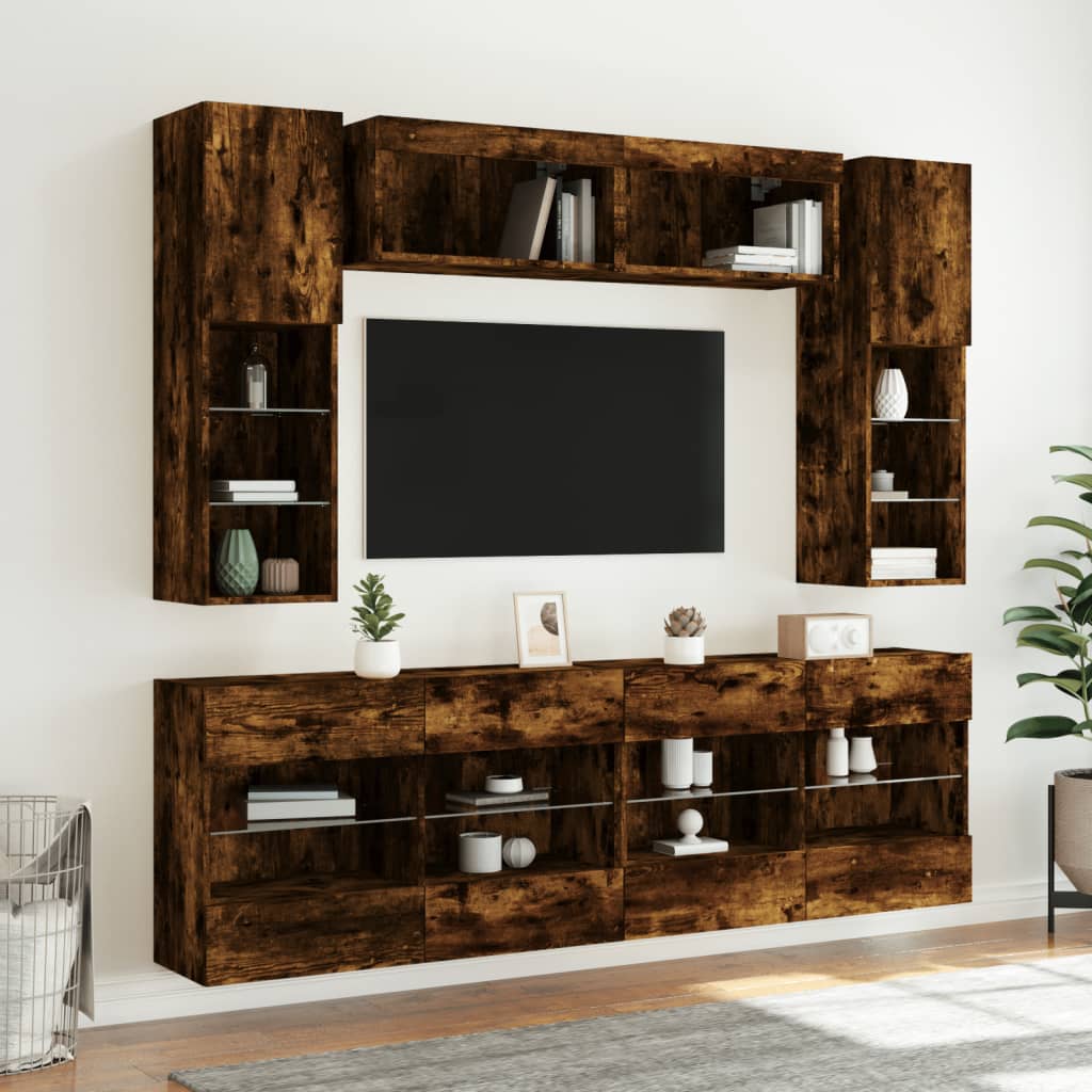 6 Piece TV Wall Cabinet Set with LED Lights Smoked Oak