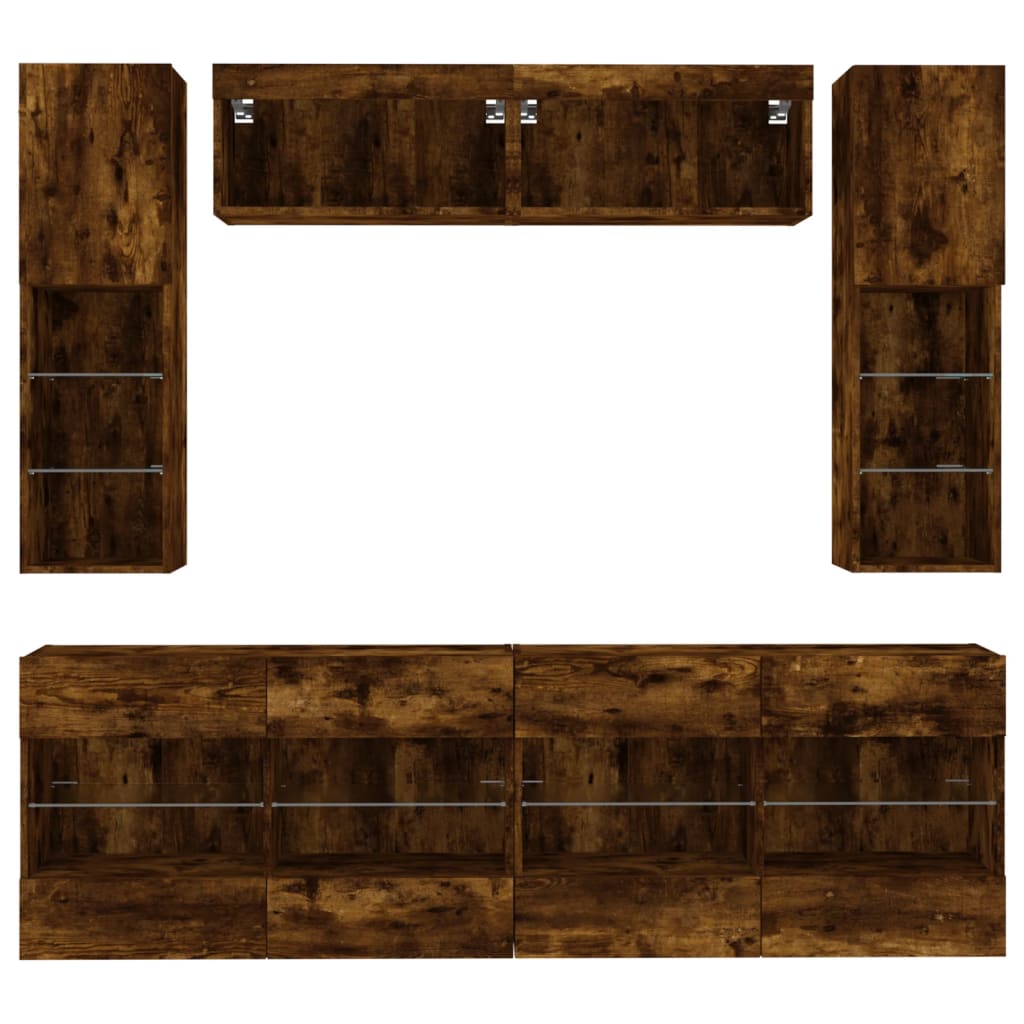 6 Piece TV Wall Cabinet Set with LED Lights Smoked Oak