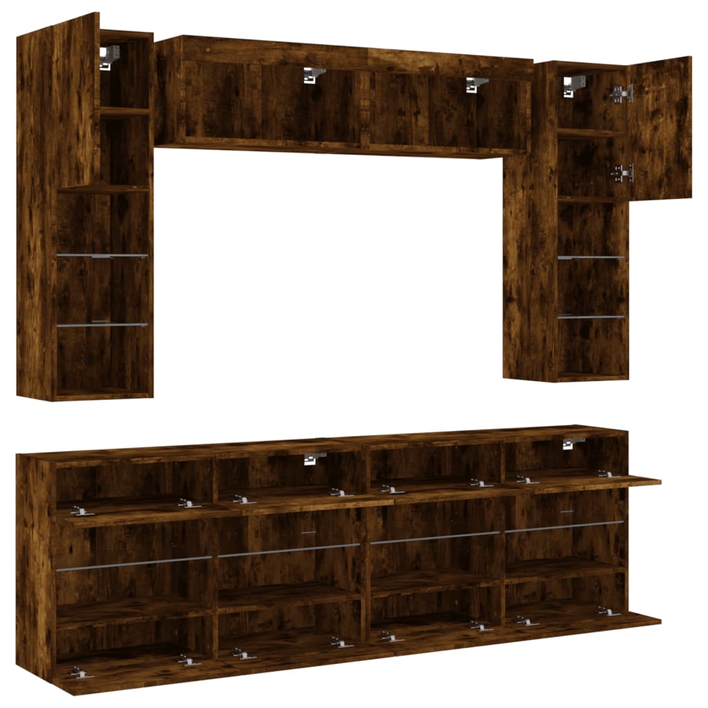 6 Piece TV Wall Cabinet Set with LED Lights Smoked Oak