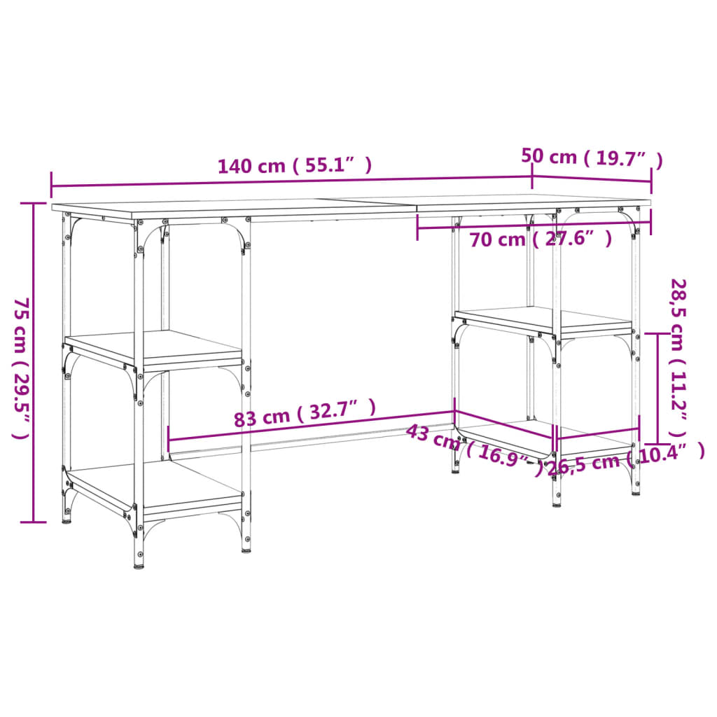Desk Grey Sonoma 140x50x75 cm Metal and Engineered Wood