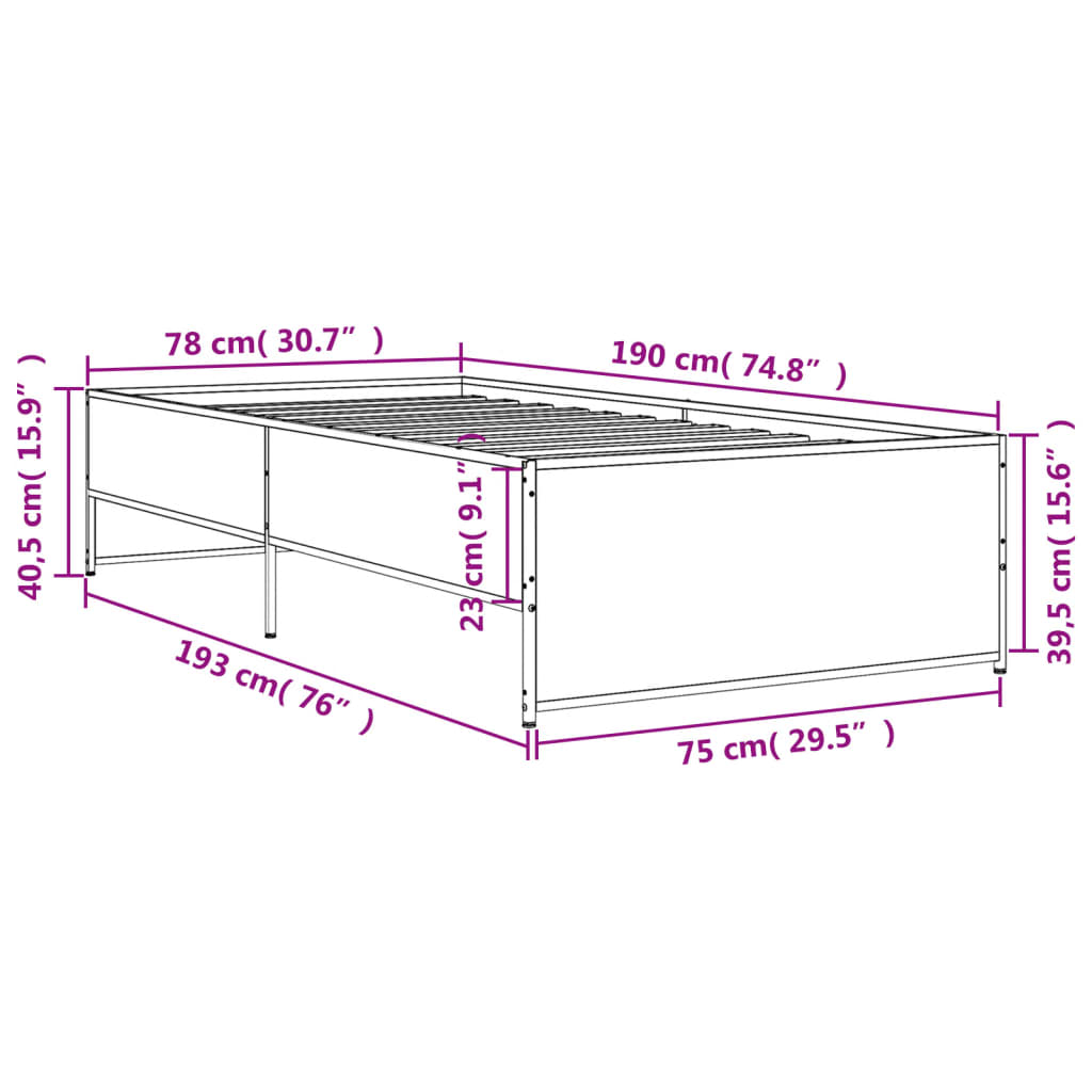 Bed Frame without Mattress Grey Sonoma 75x190 cm Small Single