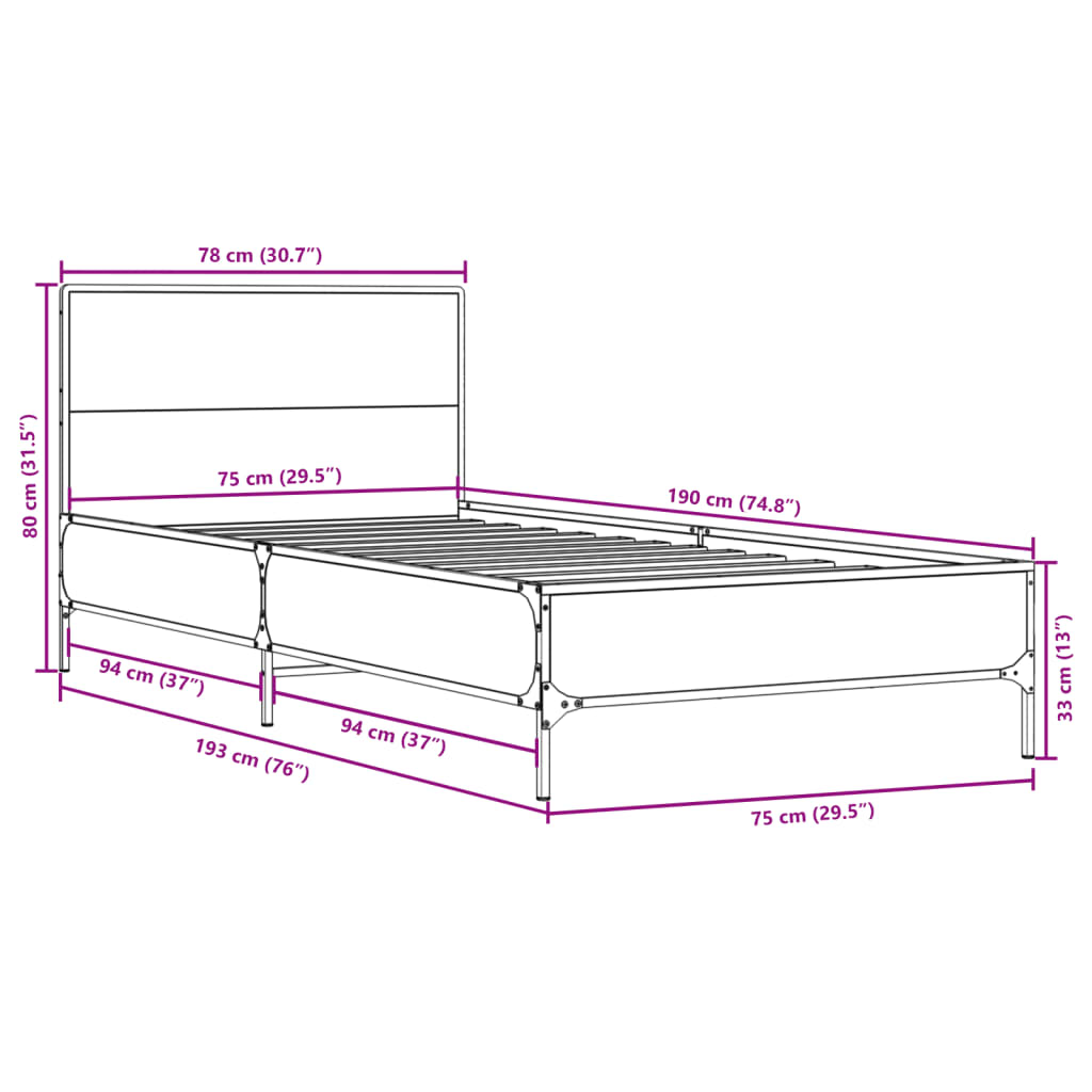 Bed Frame without Mattress Sonoma Oak 75x190 cm Small Single
