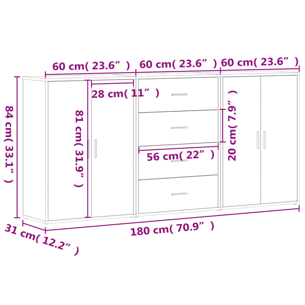 Sideboards 3 pcs Smoked Oak 60x31x84 cm Engineered Wood