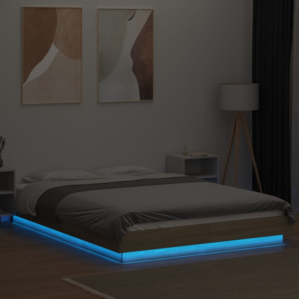 Modern Wooden Double Size 135cm Bed Frame Base With LED Lights Wood Beds