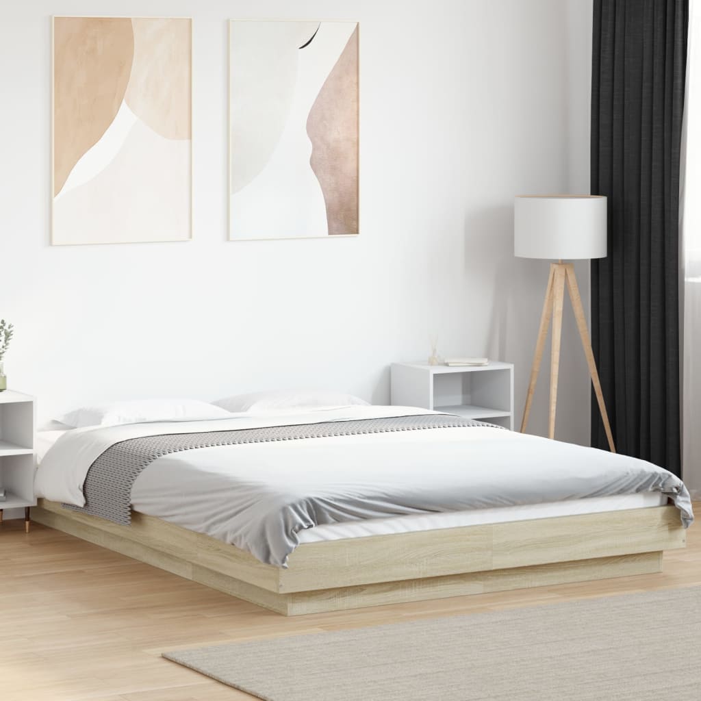 Modern Wooden Double Size 135cm Bed Frame Base With LED Lights Wood Beds