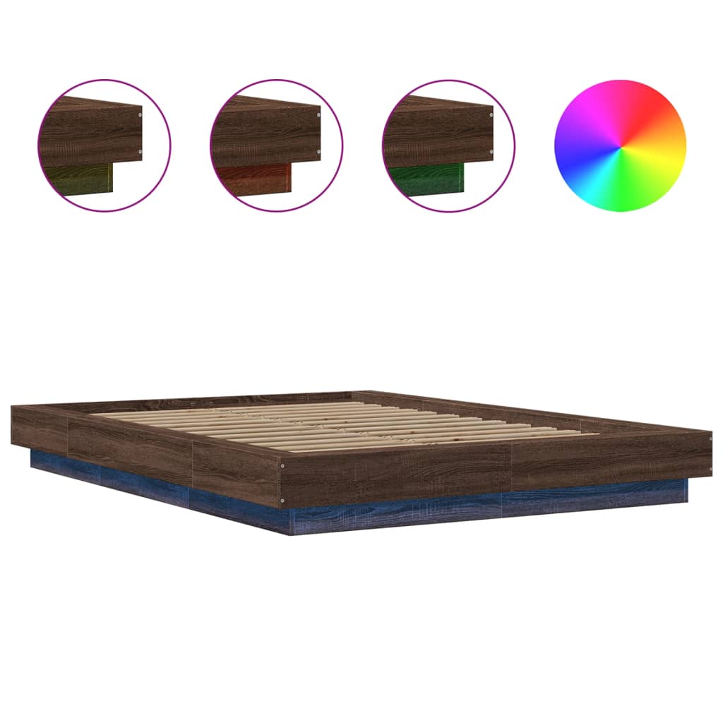 Modern Wooden Double Size 135cm Bed Frame Base With LED Lights Wood Beds