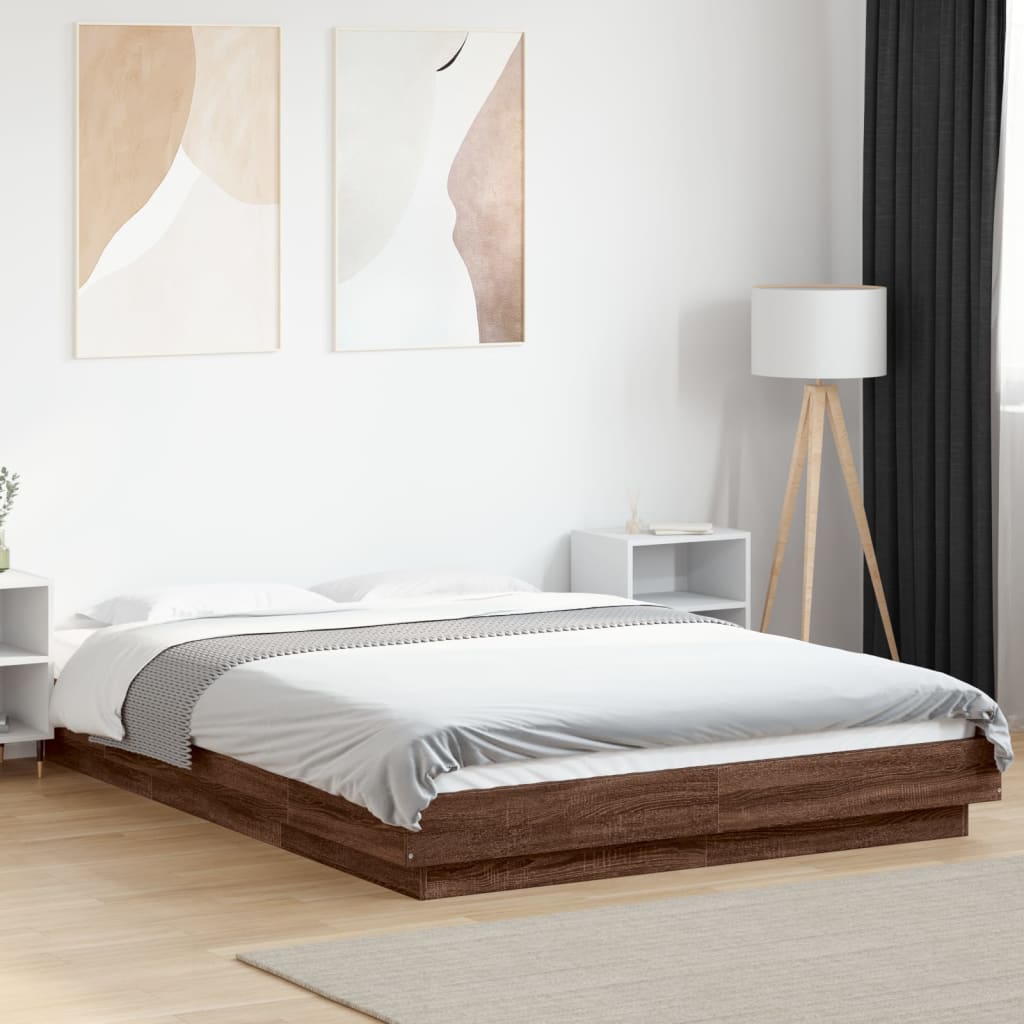 Modern Wooden Double Size 135cm Bed Frame Base With LED Lights Wood Beds
