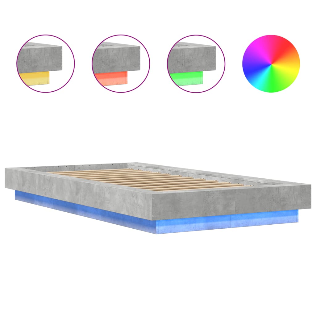 Bed Frame with LED Lights without Mattress Concrete Grey 75x190cm