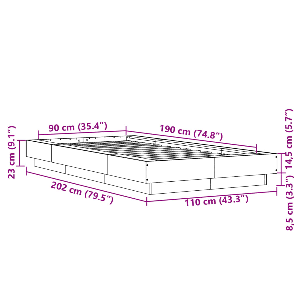 Bed Frame without Mattress Grey Sonoma 90x190 cm Single