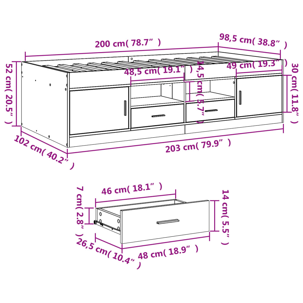 Daybed with Drawers without Mattress Grey Sonoma 100x200 cm