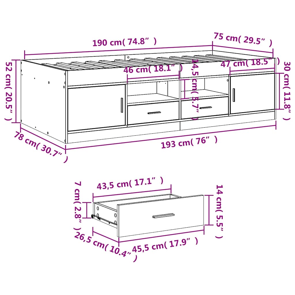 Daybed with Drawers without Mattress Smoked Oak 75x190 cm Small Single