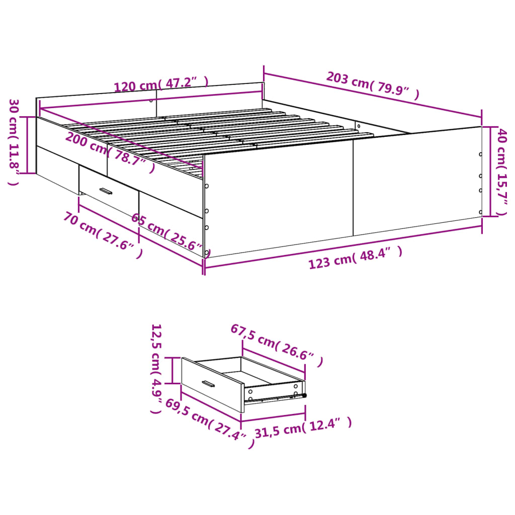Bed Frame with Drawers without Mattress Smoked Oak 120x200 cm