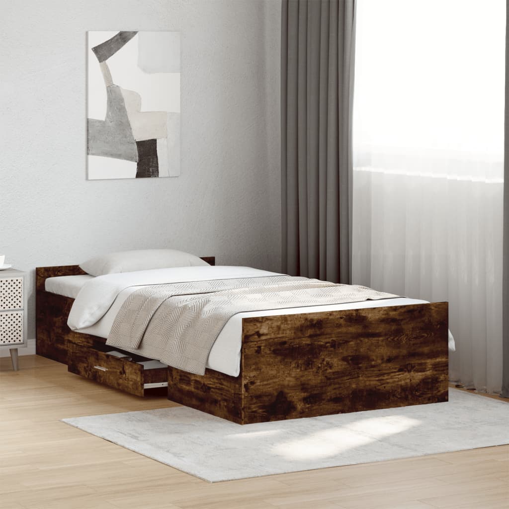 Bed Frame with Drawers without Mattress Smoked Oak 75x190 cm Small Single