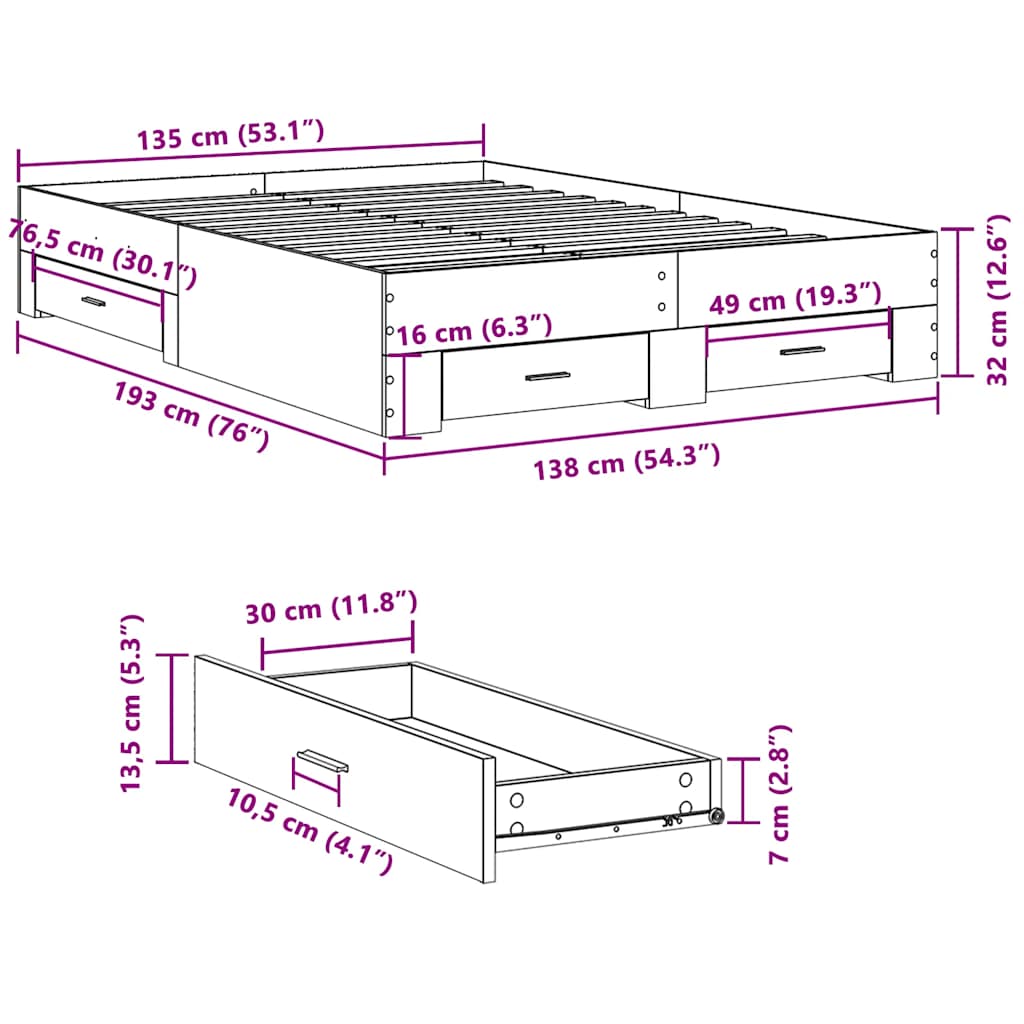 Modern Wooden Double Size 135cm Bed Frame Base With Storage Drawers Wood Beds