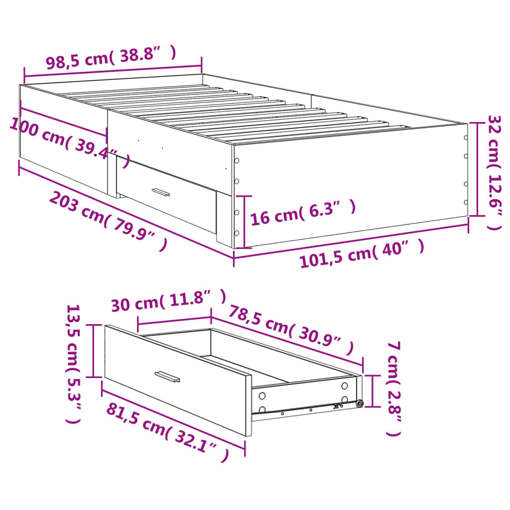 Bed Frame with Drawers without Mattress Brown Oak 100x200 cm