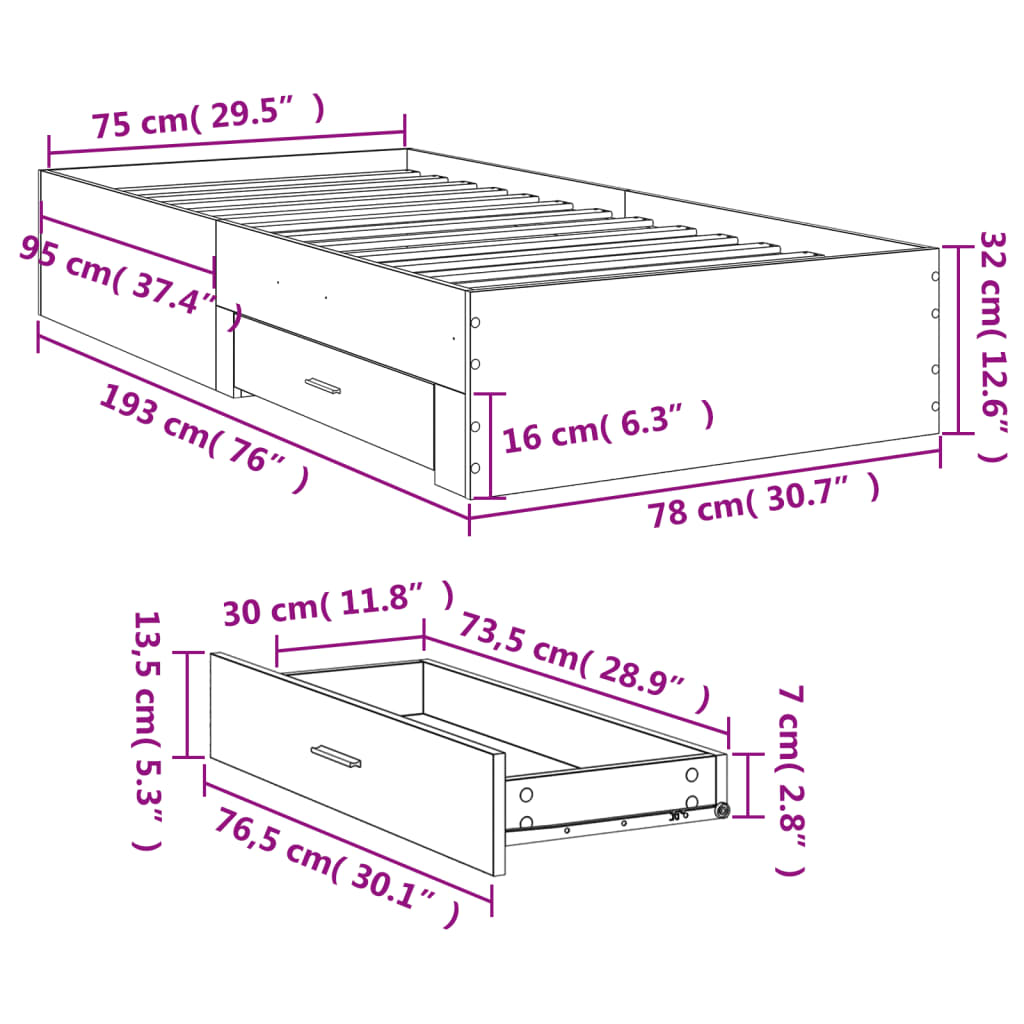 Bed Frame with Drawers without Mattress Concrete Grey 75x190 cm Small Single