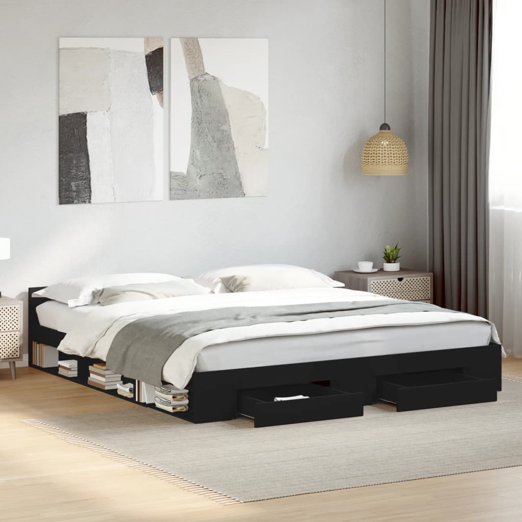Modern Wooden Emperor Size 2m Bed Frame Base With Under Storage & 2 Drawers