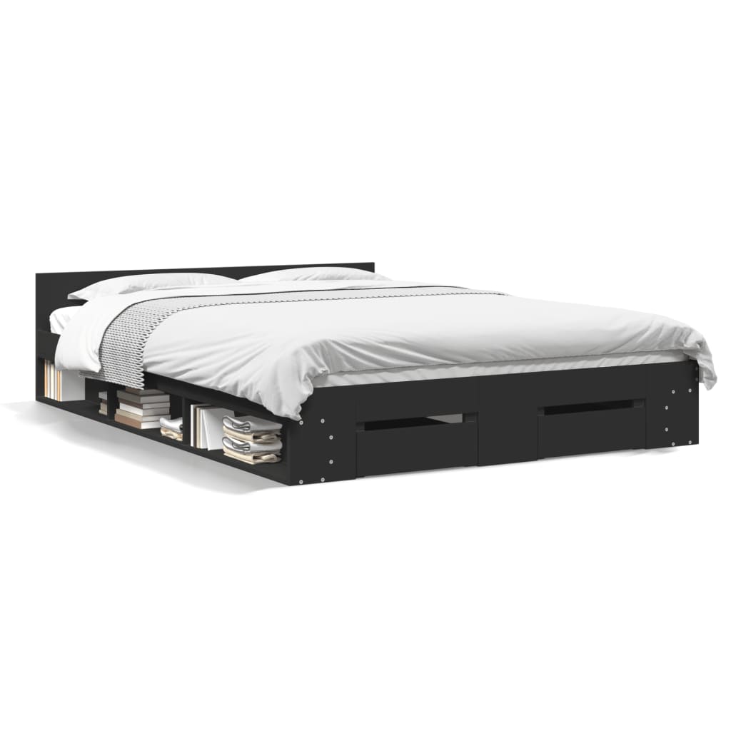Modern Wooden Queen Size 1.6m Bed Frame Base With Under Storage Space Drawers