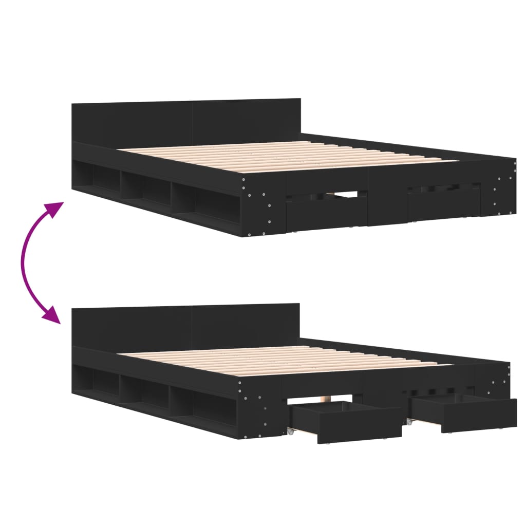Modern Wooden Queen Size 1.6m Bed Frame Base With Under Storage Space Drawers