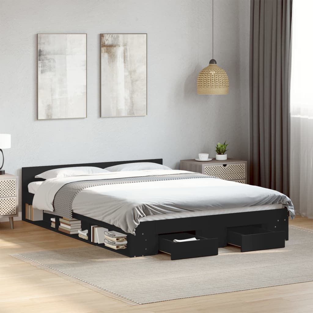 Modern Wooden Queen Size 1.6m Bed Frame Base With Under Storage Space Drawers