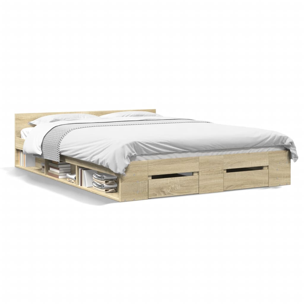 Modern Wooden Queen Size 1.6m Bed Frame Base With Under Storage Space Drawers