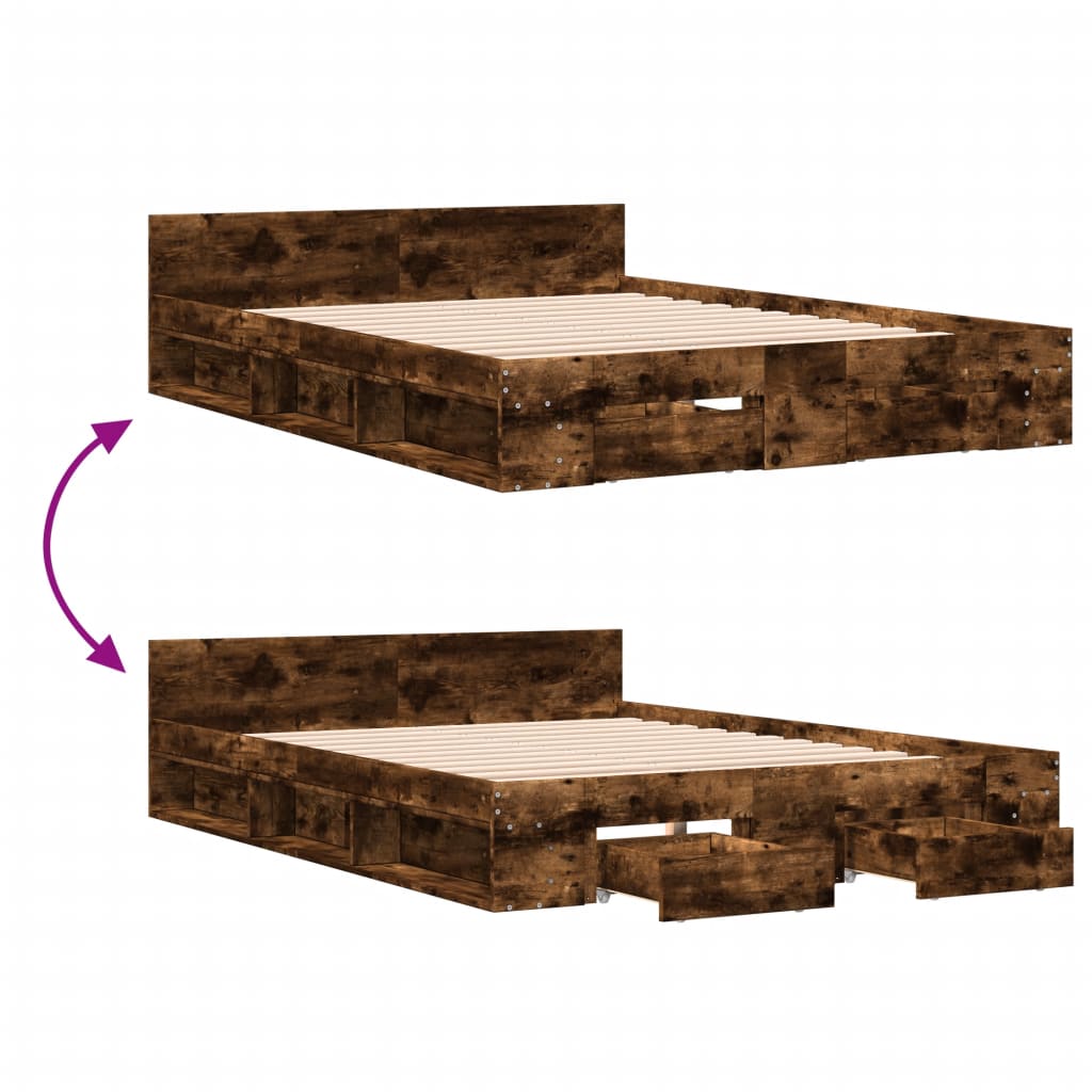 Modern Wooden Queen Size 1.6m Bed Frame Base With Under Storage Space Drawers