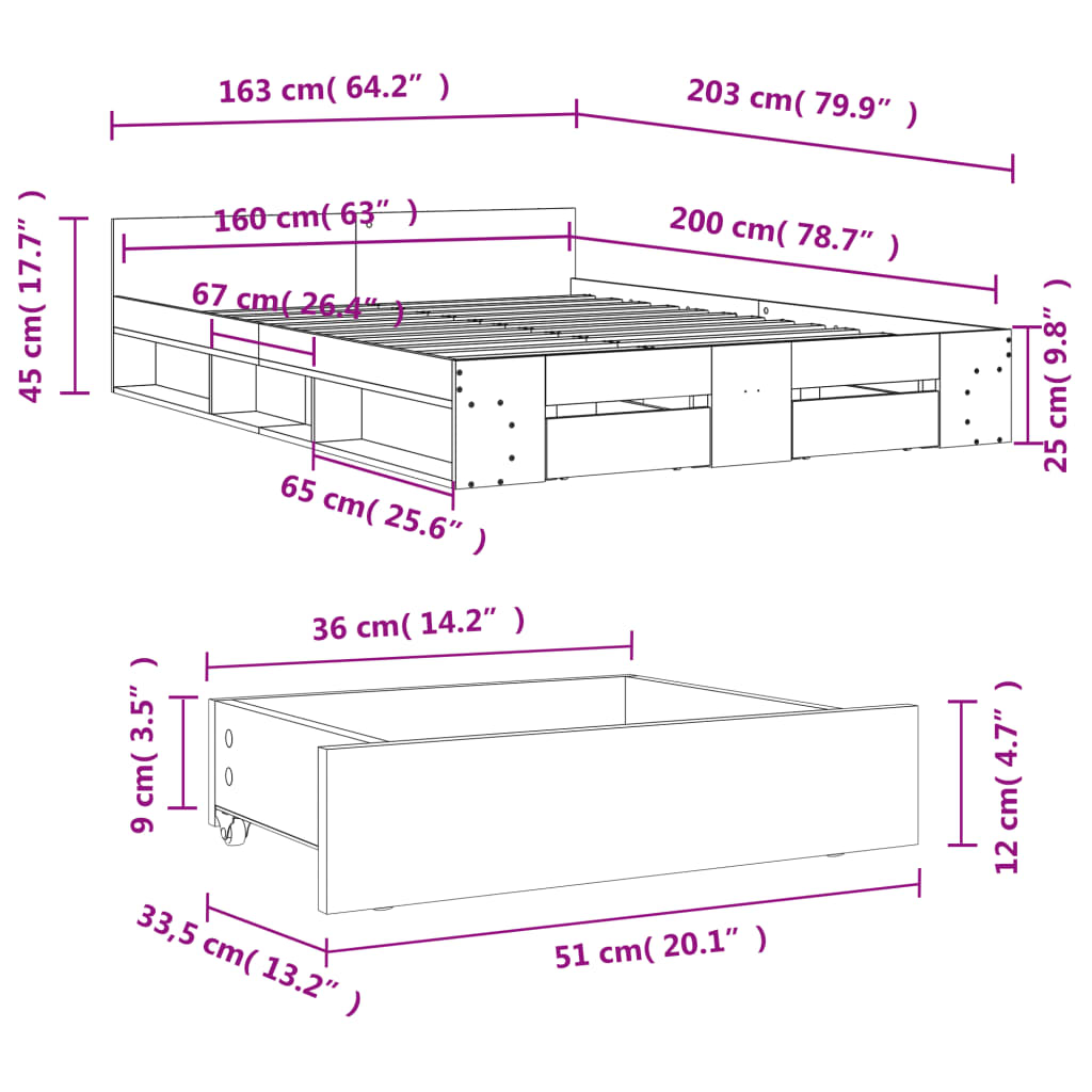 Modern Wooden Queen Size 1.6m Bed Frame Base With Under Storage Space Drawers