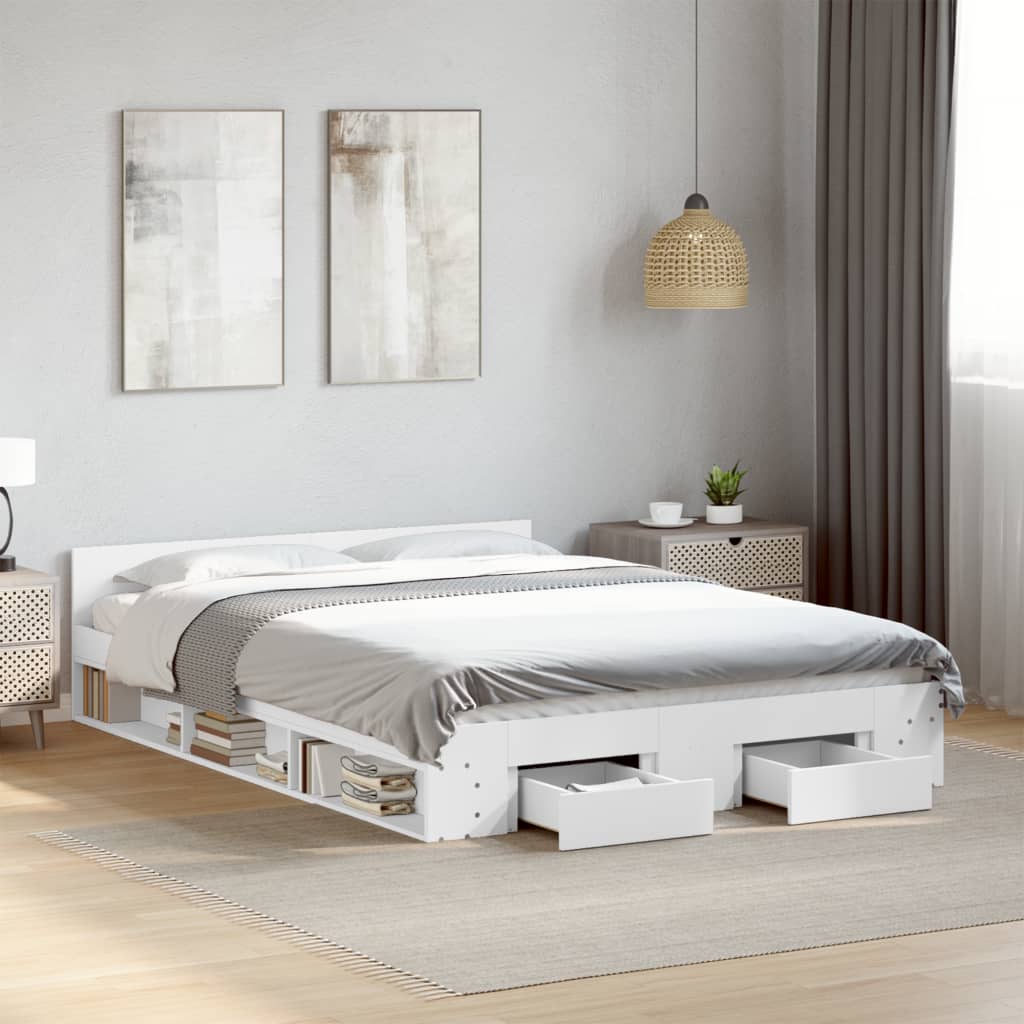 Modern Wooden King Size 1.5m Bed Frame Base With Under Storage Space 2 Drawers