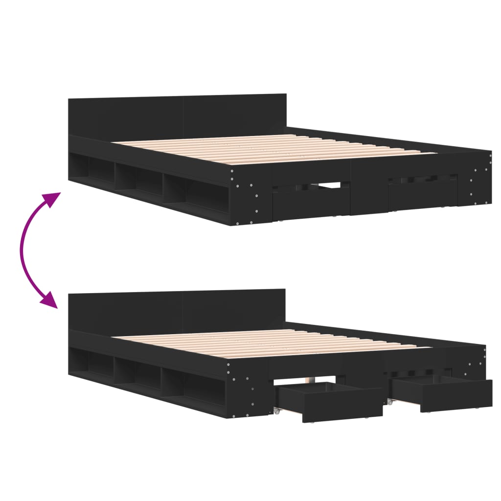 Modern Wooden King Size 1.5m Bed Frame Base With Under Storage Space 2 Drawers