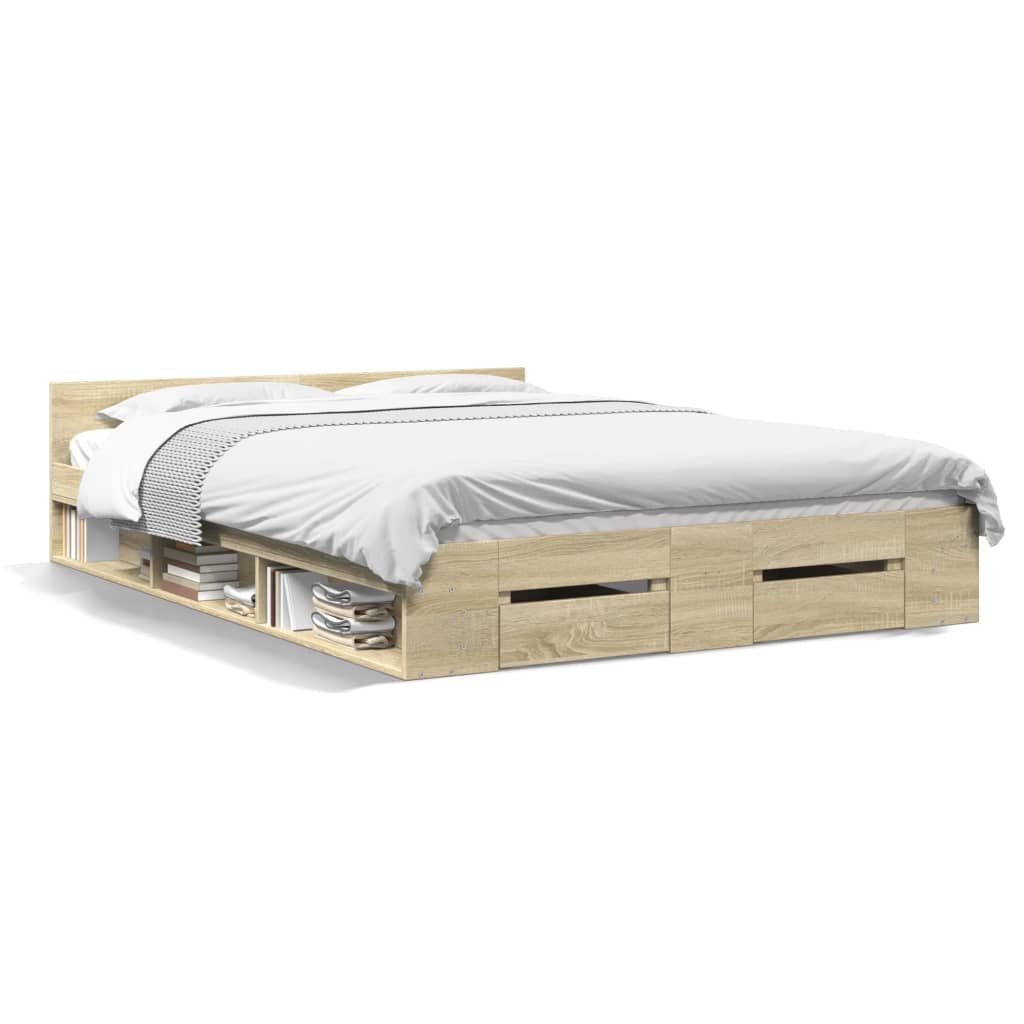 Modern Wooden King Size 1.5m Bed Frame Base With Under Storage Space 2 Drawers