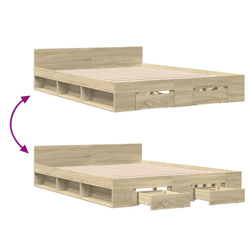 Modern Wooden King Size 1.5m Bed Frame Base With Under Storage Space 2 Drawers
