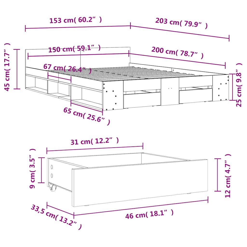 Modern Wooden King Size 1.5m Bed Frame Base With Under Storage Space 2 Drawers