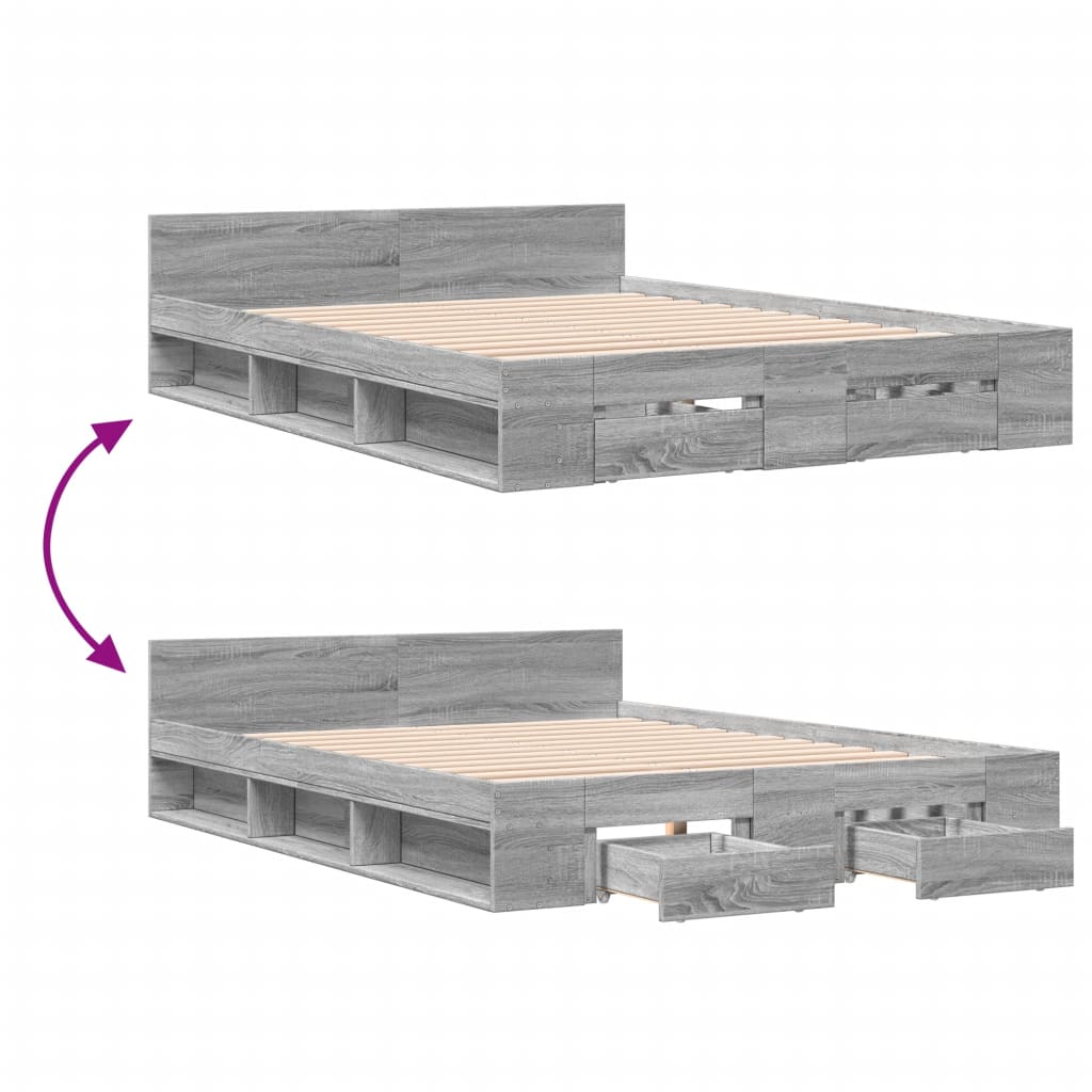 Modern Wooden King Size 1.5m Bed Frame Base With Under Storage Space 2 Drawers