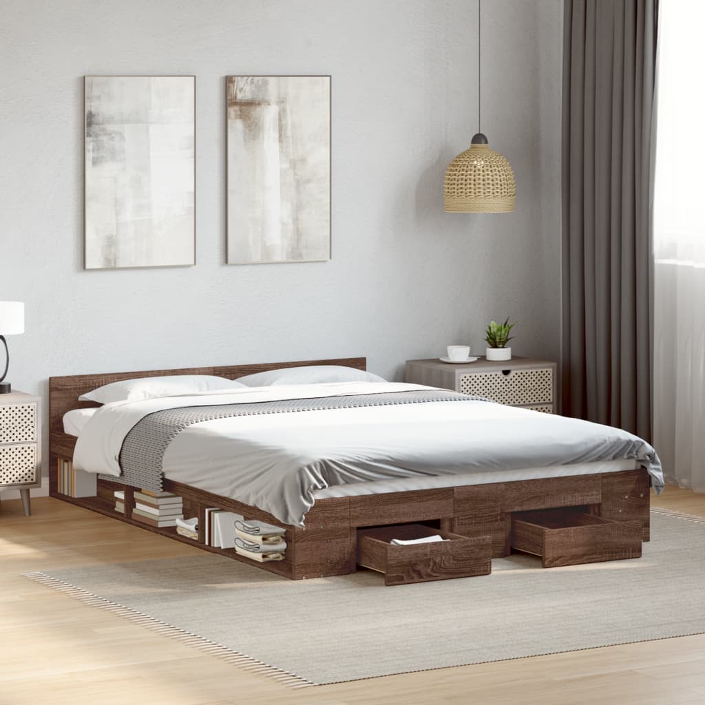 Modern Wooden King Size 1.5m Bed Frame Base With Under Storage Space 2 Drawers