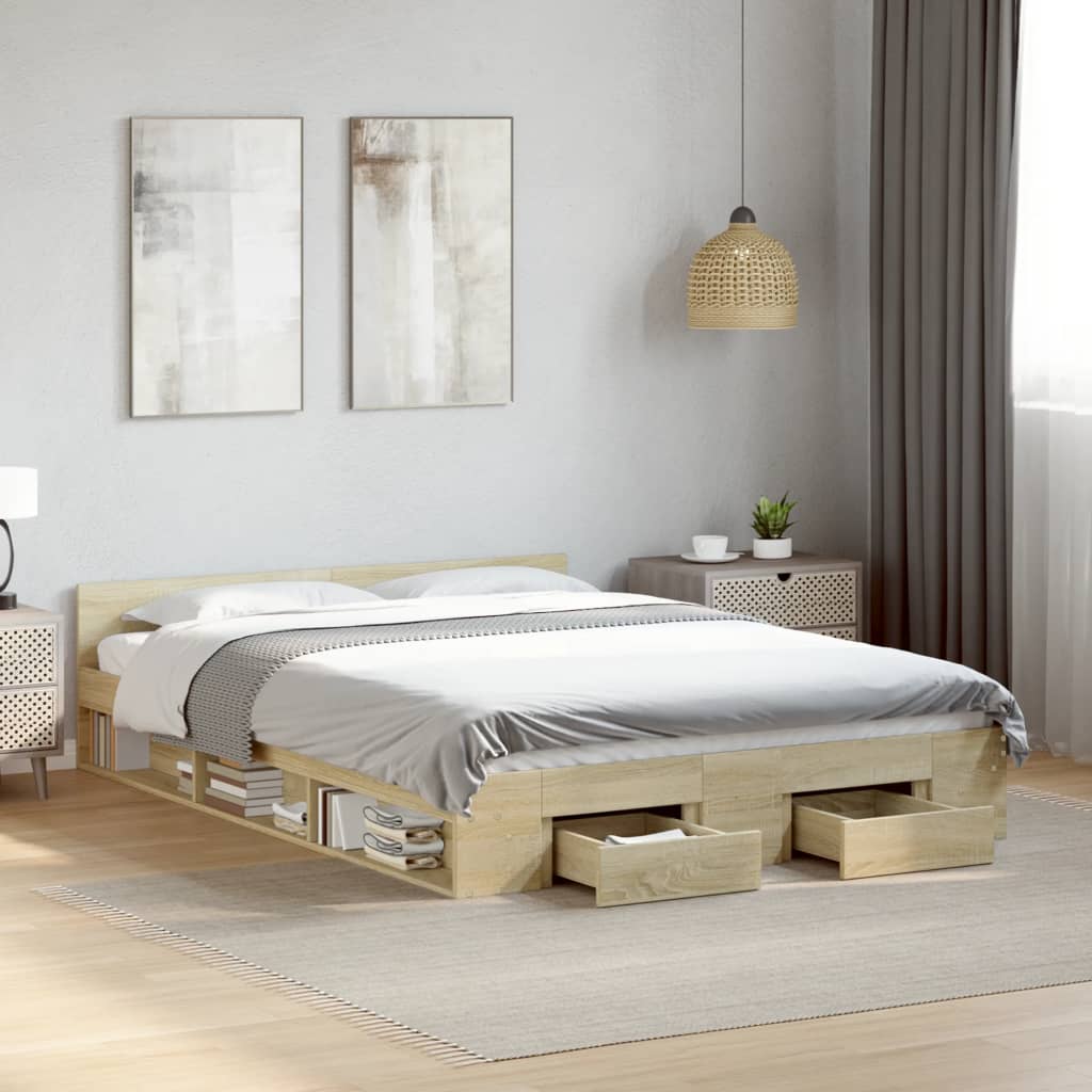 Modern Wooden Double Size 135cm Bed Frame Base With Open Storage & Drawers Wood