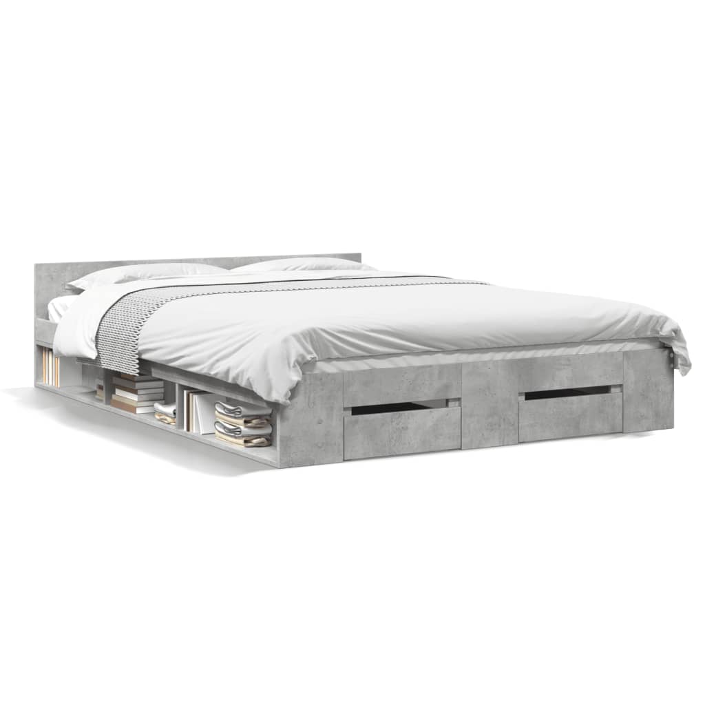 Modern Wooden Double Size 135cm Bed Frame Base With Open Storage & Drawers Wood