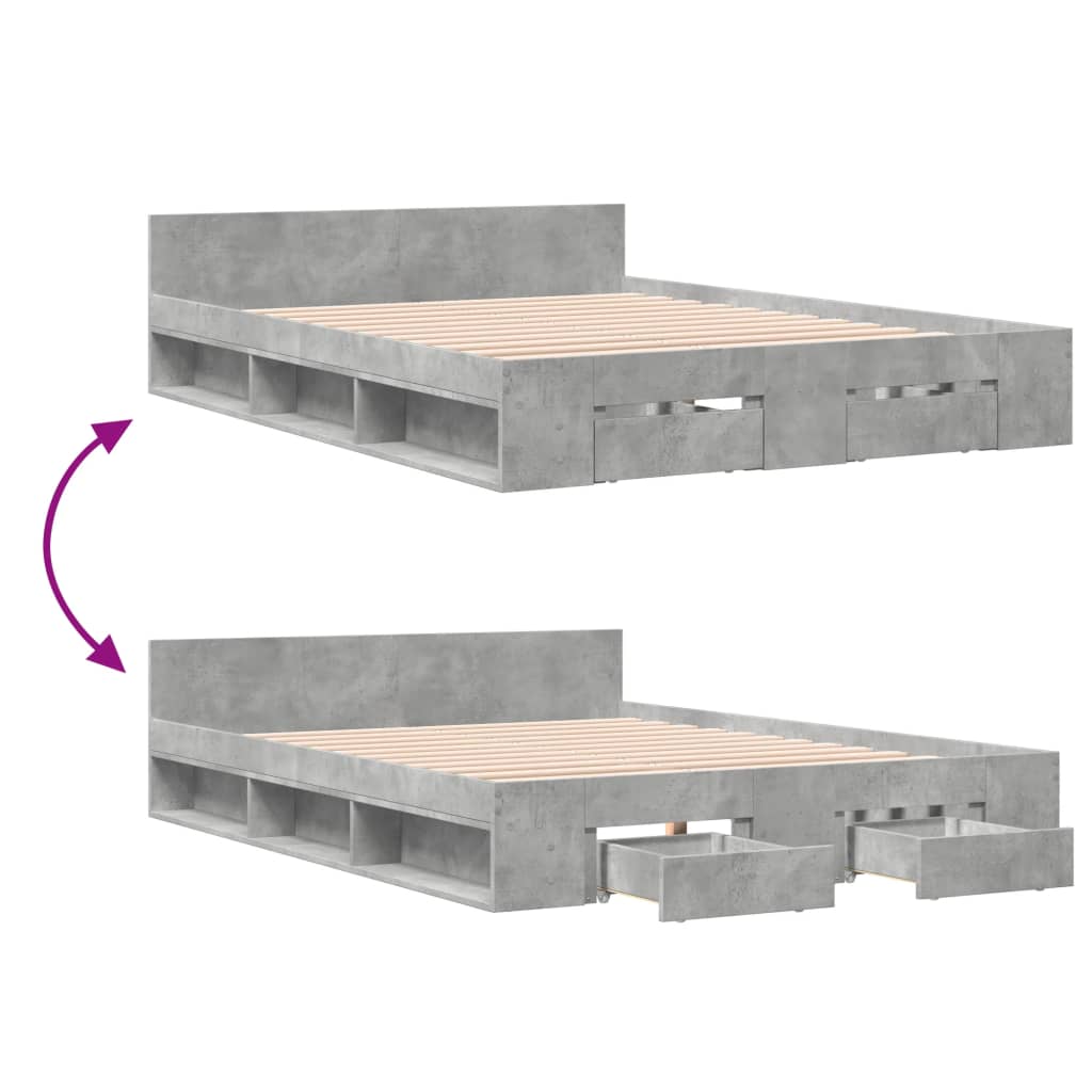 Modern Wooden Double Size 135cm Bed Frame Base With Open Storage & Drawers Wood