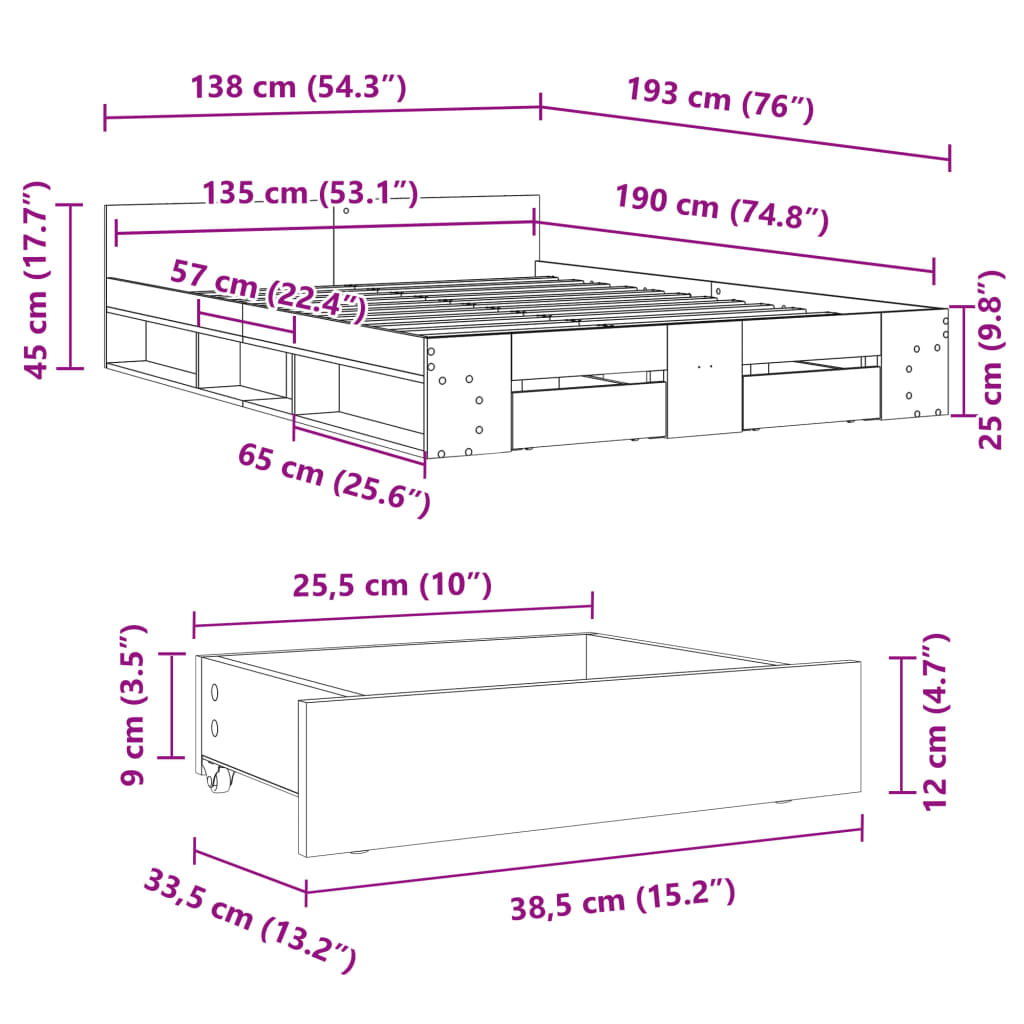 Modern Wooden Double Size 135cm Bed Frame Base With Open Storage & Drawers Wood