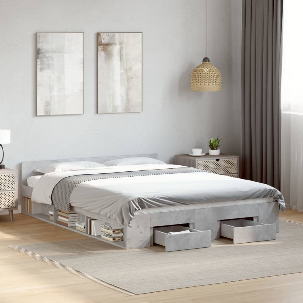 Modern Wooden Double Size 135cm Bed Frame Base With Open Storage & Drawers Wood