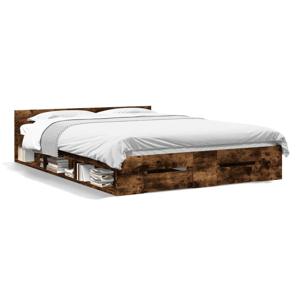 Modern Wooden Double Size 135cm Bed Frame Base With Open Storage & Drawers Wood