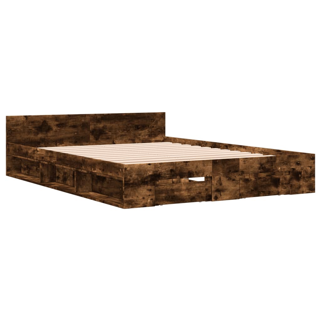 Modern Wooden Double Size 135cm Bed Frame Base With Open Storage & Drawers Wood