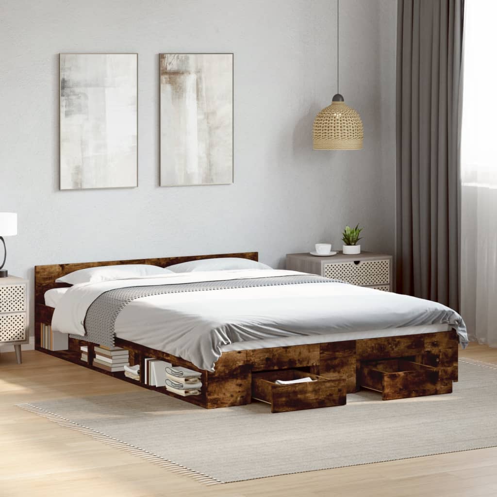 Modern Wooden Double Size 135cm Bed Frame Base With Open Storage & Drawers Wood