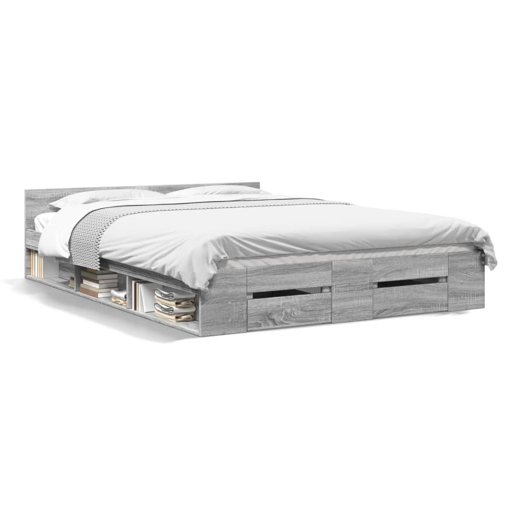 Modern Wooden Double Size 135cm Bed Frame Base With Open Storage & Drawers Wood